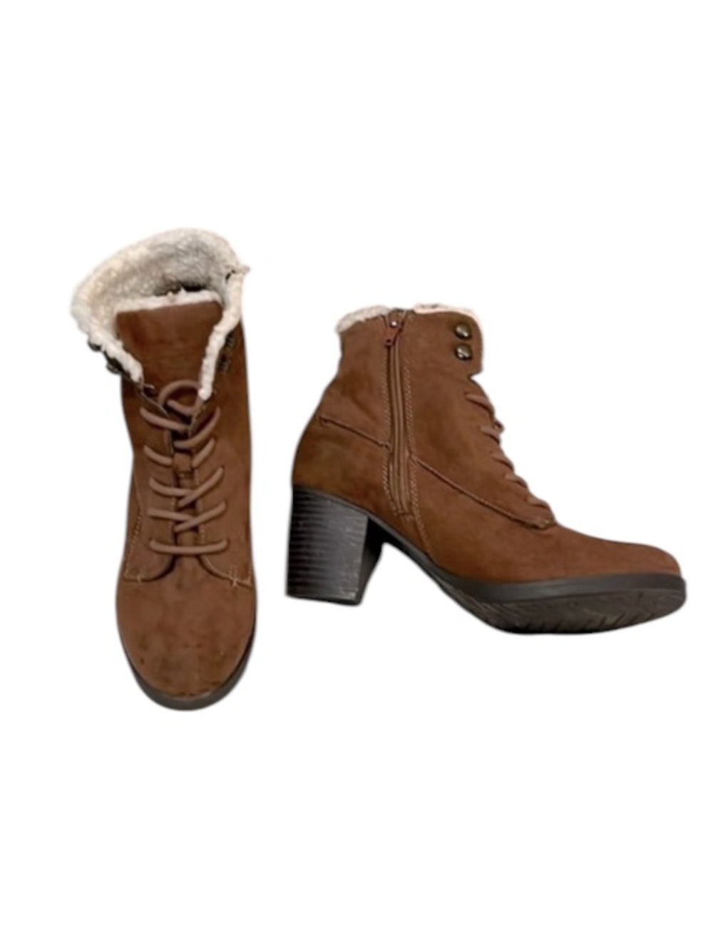 Me Too Women’s Lulu Lace Up Cognac Brown Faux Suede Leather Fur Ankle Boots 6.5
